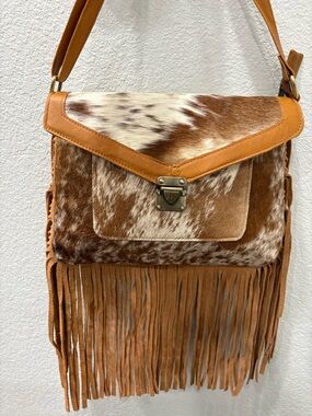 Fringe Cowhide Crossbody Bag - Brown